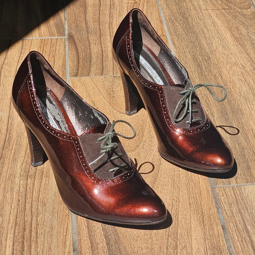 Via Spiga Mahogany Brown Patent Leather Lace Up Oxford Heels Size 6.5 Made Italy